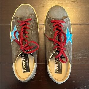 Golden Goose Gray Sneakers with Blue Star and Red Laces
